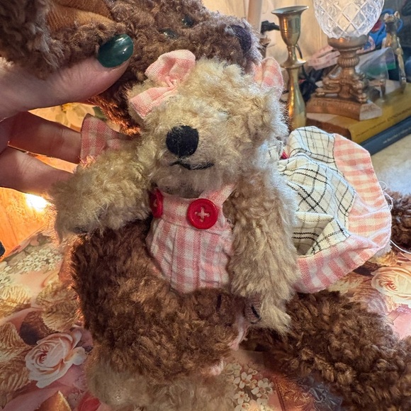 14” DRK BROWN BUNNY W/ CHECKED DRESS HOLDING BEAR FROM THE BEARINGTON COLLECTION - Picture 2 of 8